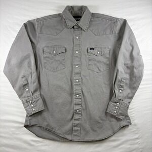 Wrangler Western Shirt Mens L Pearl Snap Workwear Grey Cotton Cowboy MS721SL